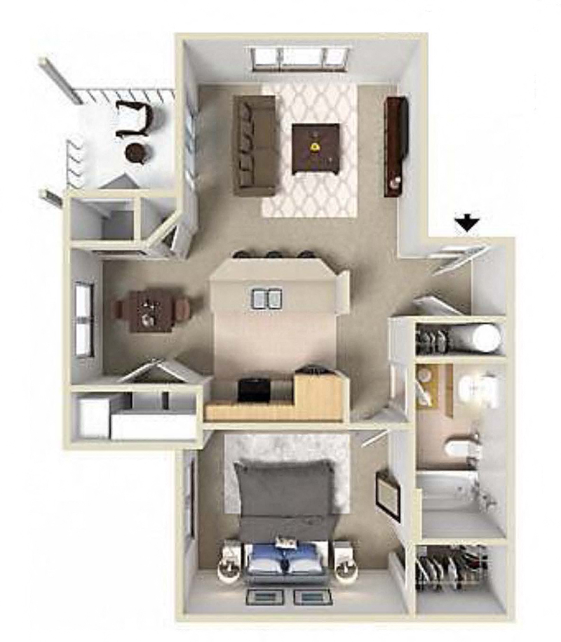 Floor plan for 1 bed, 1 bath, 702 sqft